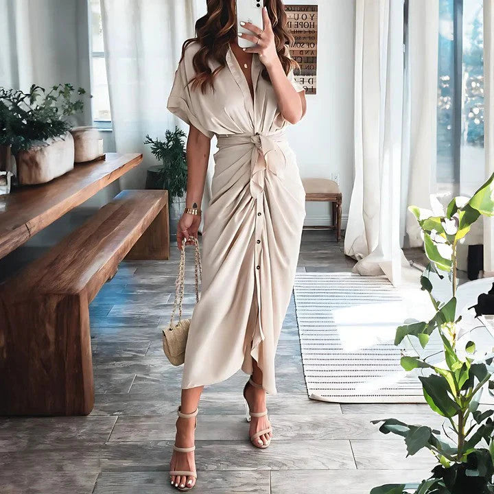Luna’s Sunset Whisper Ruched Midi Dress