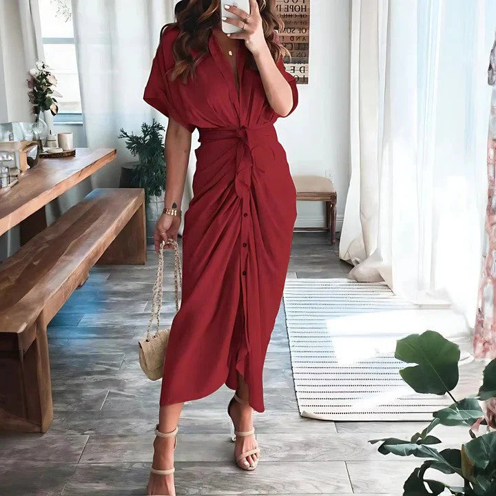 Luna’s Sunset Whisper Ruched Midi Dress