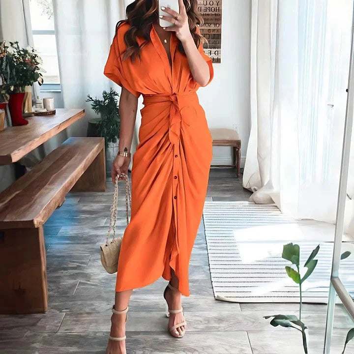 Luna’s Sunset Whisper Ruched Midi Dress