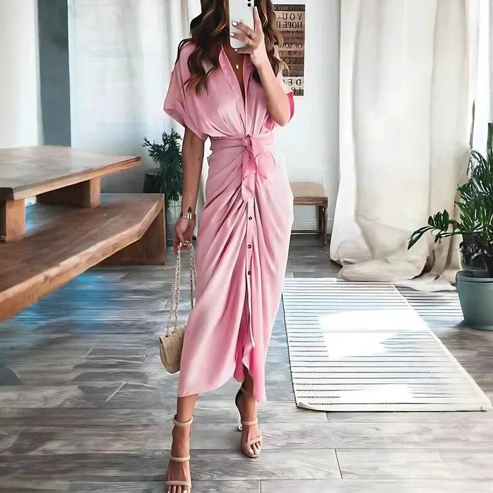 Luna’s Sunset Whisper Ruched Midi Dress