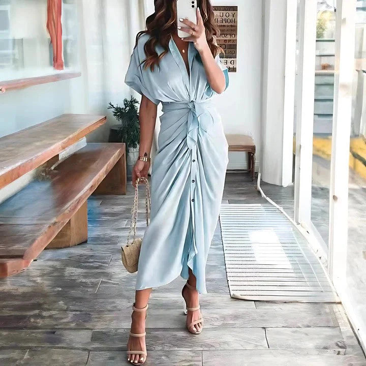 Luna’s Sunset Whisper Ruched Midi Dress