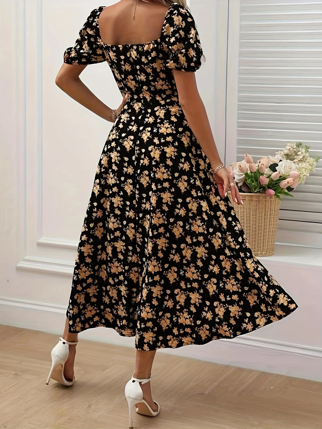 Luna’s Whimsical Bloom Sweetheart Slit Midi Dress
