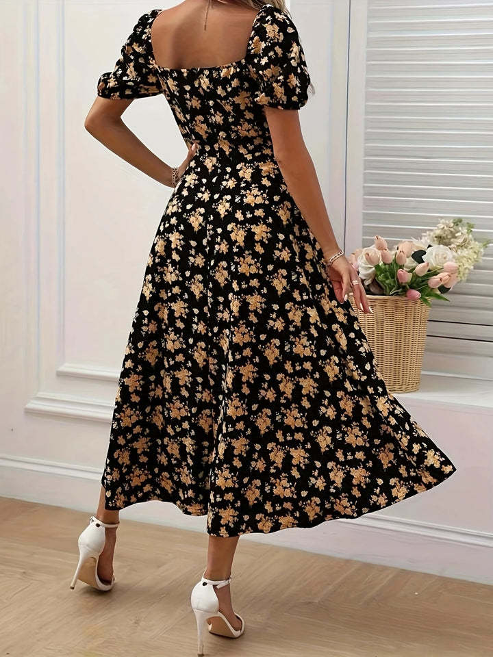 Luna’s Whimsical Bloom Sweetheart Slit Midi Dress