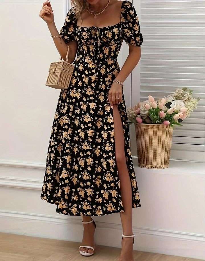 Luna’s Whimsical Bloom Sweetheart Slit Midi Dress