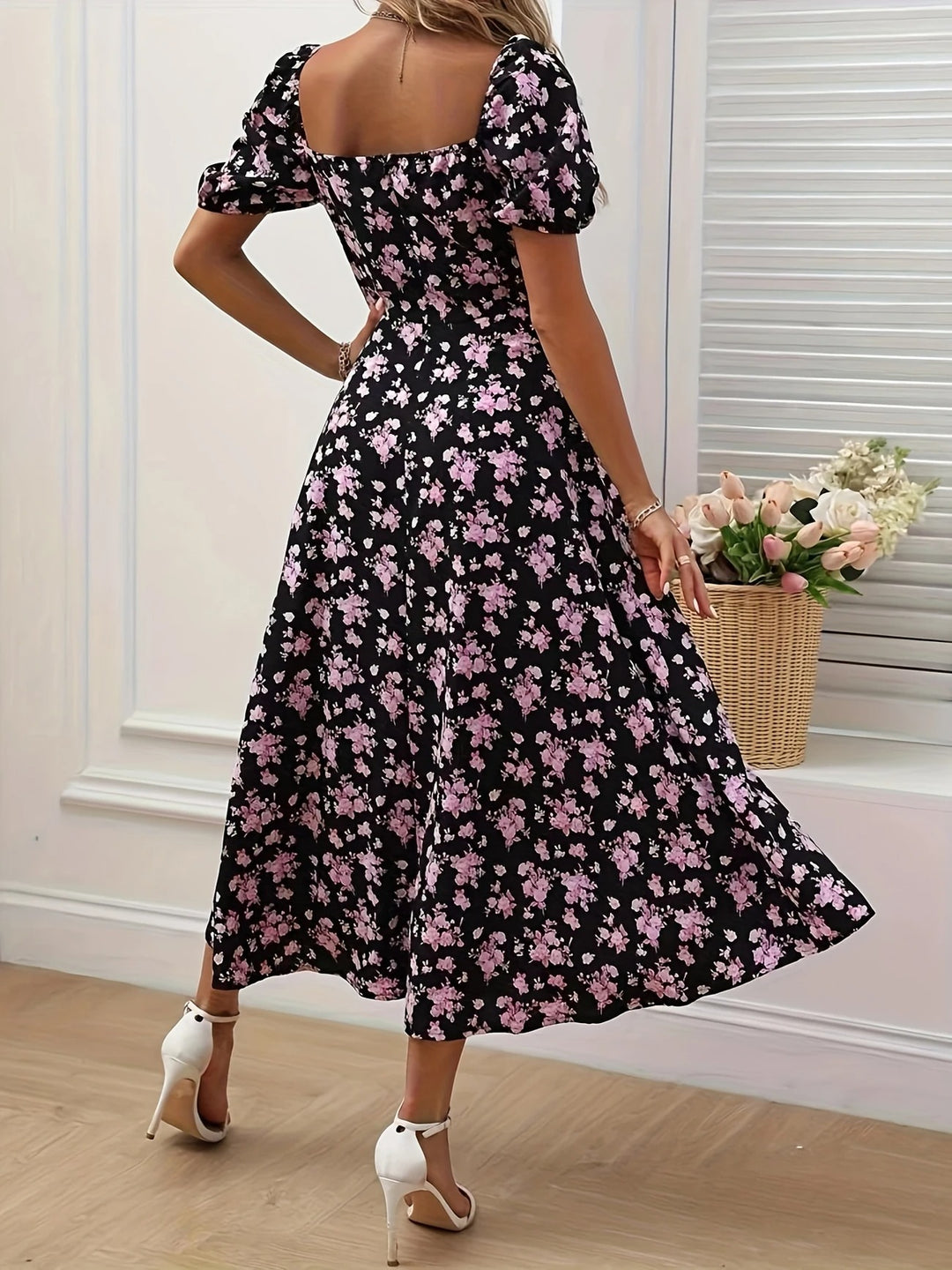 Luna’s Whimsical Bloom Sweetheart Slit Midi Dress