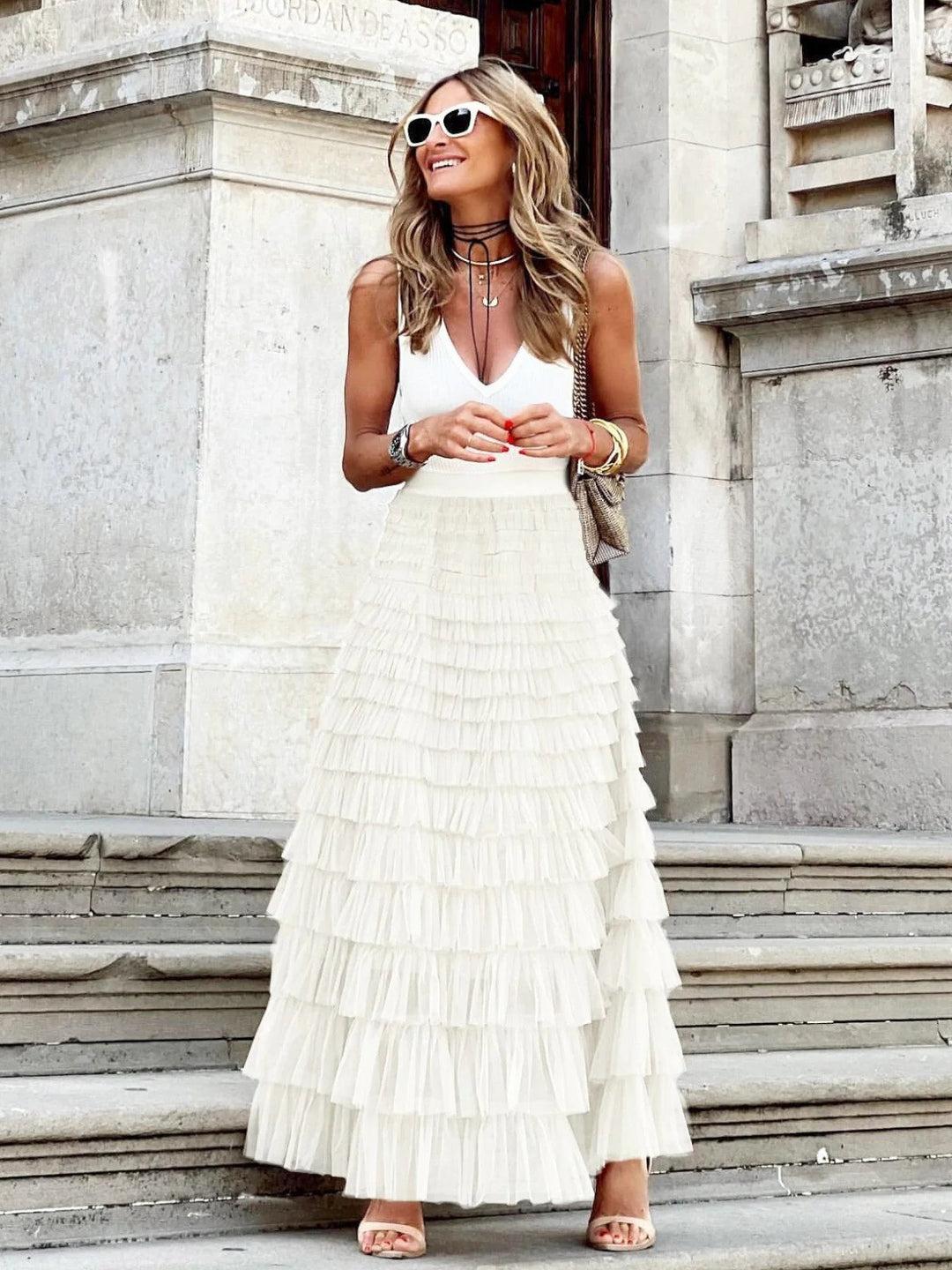Luna’s Golden Whimsy Ruffle Maxi Skirt