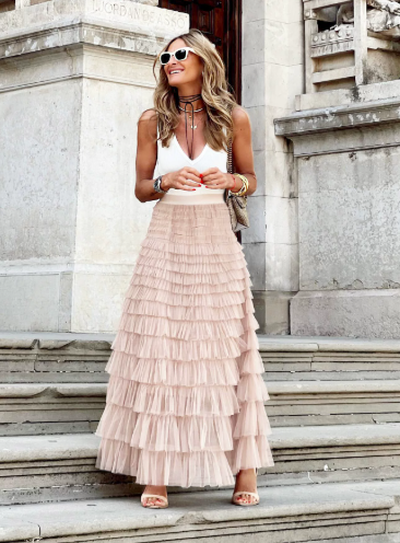 Luna’s Golden Whimsy Ruffle Maxi Skirt