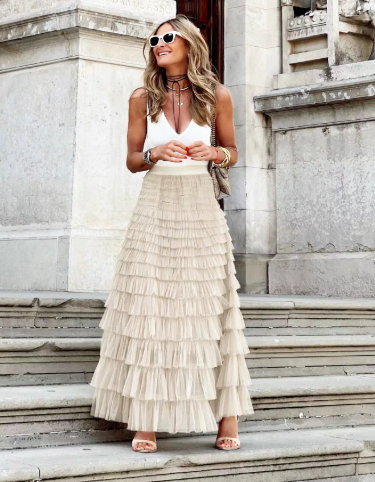Luna’s Golden Whimsy Ruffle Maxi Skirt