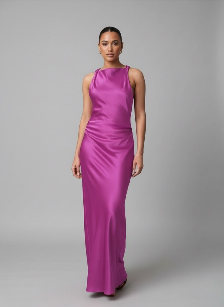 Luna’s Sleek Glossy Ruched Maxi Dress